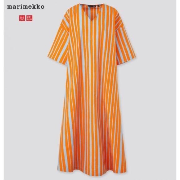 Marimekko x Uniqlo Orange Blue Kaftan Dress Striped V-Neck Size XS X-Small - Picture 7 of 7